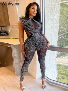 Women's Jumpsuits Rompers year Sexy Night Club Mesh S Though Diamonds Rhinestones Long Slve Jumpsuit Women One Piece Suit Romper Birthday Playsuit T240510