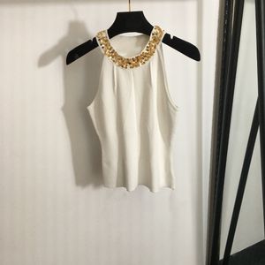New Summer Women Knitted Top T-shirts Halter Sleeveless Beading Slim Vest Fashion Knit Tops T shirt Club Party Tees Street Womens Clothing MY518