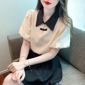 Women's Blouses Chinese Style Vintage Turn-down Collar Women 2024 Summer Fashion Lantern Short Sleeve Shirts Ladies Elegant Blouse