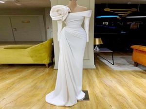 Simple White Evening Dresses With handmade Flowers Long Sleeves Mermaid Prom Dress Pleats Dubai African Gowns vestido de gala larg2775635