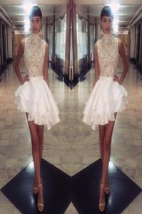 Michael Costello Short Dresses High Neck Lace Satin Cocktail Party Gowns Tiers Ruffles Asymmetrical Mini Prom Celebrity Gowns Cust7357526