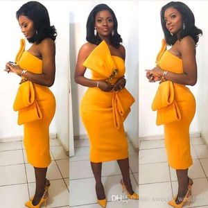 Sexy Cheap Yellow Satin Cocktail Dresses Big Bow Knee Length Fashion Ruffles Sheath short Evening Prom Gowns Short Pretty Woman Party D 276P