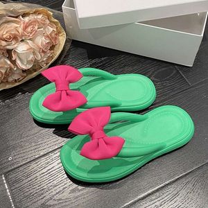 EVA Slippers With Cute Bow Pink Green Rubber Flats Flip Flops For Womens Ladies Girls Summer Sandals Beach Room Shoes 482