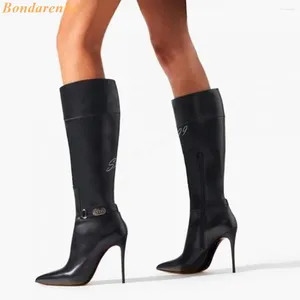 Boots Metal Buckles Knee High Solid Leather Zipper Pointy Toe Long Women Sexy Style Stiletto Heels Designer Shoes Winter