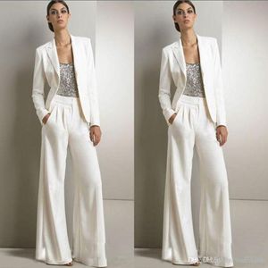 2021 Nowe cekiny Bling Ivory Białe spodnie Suits Mother of the Bride Sukienki Formalne szyfonowe smoking Kobiet impreza nosić nową modę