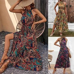 Grundläggande casual klänningar Bohemian Summer New Print Dress Bohemian Vintage Zipper Pendant Halsring Floor Long Dressl2405