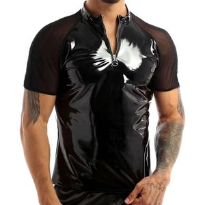 MENS SEXY GLANSSY PVC kortärmad skjorta erotisk formning mantel latex bodycon patent läderjacka toppar mesh perspektiv catsuit kostymer