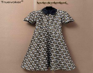 TrueVoker Spring Runway Fashion Midi Long Dres039s Sonta corta Peter Pan Collar Leopard Stampa di cotone Wadded Festa Vestido 21063740519