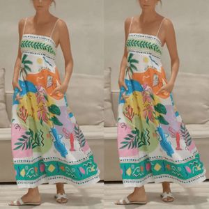2024 فستان سوينج سوليد للمرأة الصيفية المطبوعة المطبوعة بلا أكمام فساتين طويلة عطلة FZ2405111