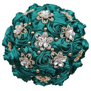 Hochzeitsblumen grün blau Brautstrauß von Strassrosen Blütenzubehör Kristallstrauß künstlicher Satin 30 cm