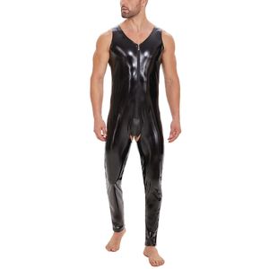 Mens Sexy Open Crotch Shiny Jumpsuit Erotic Wetlook Leather Leotard Crotchless Male One-Piece Bodysuit Gay Clubwear Sexi Catsuit Costumes