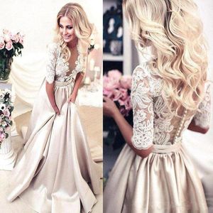 Free Shipping Half Sleeves Prom Dresses Applique Covered Button Back Lace Evening Long Dresses Junior Skinny Girl Party Gowns 286H