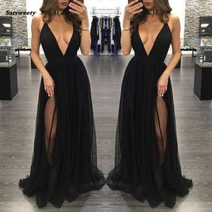 New High Side Split Tulle Prom Dresses Black Sexy Deep V Neck Long Women Skirts Formal Party Evening Gowns Vestidos de baile 227S