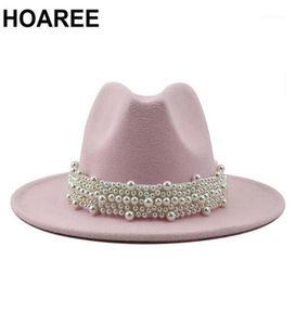 Geizige Brimhüte rosa Jazz Fedora Hochzeit Frauen Perle Filz Hut weiße elegante Damen Woolen Panama Trilby formelle Party Cap 5861Cm12906162