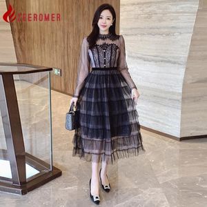 Casual Dresses 2024 Spring Luxury Mesh Patchwork Lace Cake Dress Women Stand Collar Long Sleeve Diamonds Ruffle Slim A-Line Party Midi