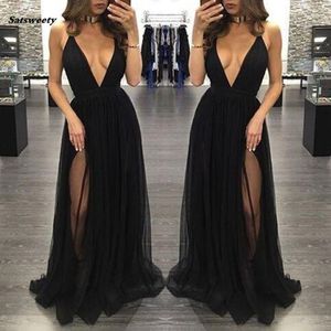 Ny High Side Split Tulle Prom Dresses Black Sexy Deep V Neck Long Women kjolar Formella fest Kvällsklänningar Vestidos de Baile 275m