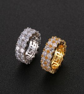 2 linhas Iced Out Hip Hop Anéis de ouro e prata CZ BLING BLING TENNIS RING PAR