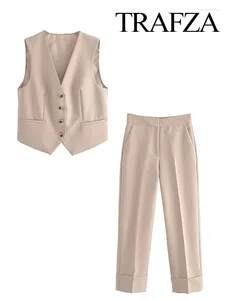 Kvinnors tvåbitar byxor Trafza 2024 Autumn Women Chic Button Decoration Sleeveless V Neck Vest Female Elegant Pocket Loose Office Lady Pant