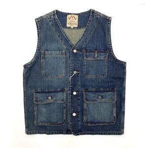 Mäns västar Bomullsbesvär tvättade denimvästen för män multi fickor avslappnad vintage man v nack ärmlös jeans jacka toppar rockar