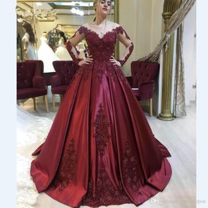 Vintage Plus Size Burgundy Long Sleeves Ball Gown Quinceanera Dresses Lace Appliqued Floor Length Satin Formal Dress Evening Party Dres 2550