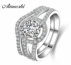 Ainuoshi Luxury 1 Carat Women Engagement Rings Set 925 Solid Sterling Silver Halo Bague High Quality Bridal Ring Set for Party Y209623836