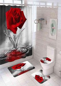 3D Mavi Kırmızı Pembe Gül Baskı Duş Perdesi Set Banyo Banyo Ekranı Antislip Tuvalet Kapak Kapak Halı Halıları Mutfak Ev Dekor W3324384