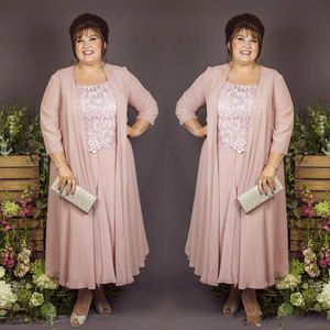 Novo vestido de mãe vintage Mãe da noiva com jaqueta Apliques de renda no tornozelo Chiffon plus size casamento vestido baile de noite 211z