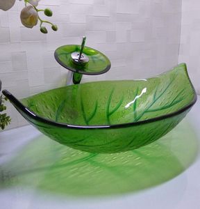Bathroom tempered glass sink handcraft counter top leafshaped basin wash basins cloakroom shampoo vessel HX0156385276