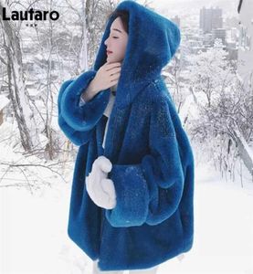 Lautaro Winter Winter Suphize Spear Blue Soft Faux Feur Women Женщины с капюшоном с длинным рукавом пушистой курткой свободной корейской моды 2112182102852