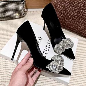 Sexy Slim High Pumps Rhinestone Pointed Office Women's Shoes Shallow Heel 9cm Black Designer Frosted Heels Women