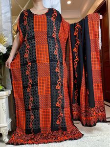 Этническая одежда 2024summer Африканское короткое хлопководное платье с большим шарфом свободно отпечатано цветочное бубу Maxi Islam Женщины бриллианты абайя одежда T240510