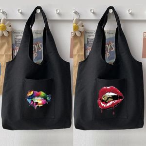 Bolsa de compras Bolsa Bolsa Casual ombro Bolsa Europa e os Estados Unidos Sexy Lips Pattern Printing Student Black