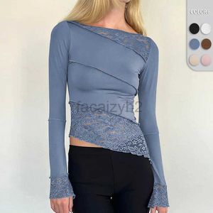 تي شيرت تي شيرت Tees مثيرة جوفاء الجوفاء غير منتظم مع خط عنق مستقيم ، ناعم ، مثير ، قاع ملائم الضيق للنساء قمم