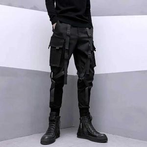 Calças masculinas Houzhou Techwear calças de carga preta de homens homens japonês roupas de rua Hip Hop Spring Ribbon Pockets harajuku fashionl2405
