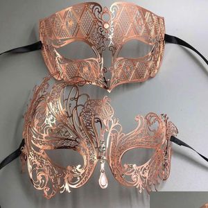 Máscaras de festa Gold Rose Mulheres Menino Caso Par de par amante feito de laser leve a laser de metal veneziano Mardi Gras Masquerade Ball Prom Ma d Dhfiz