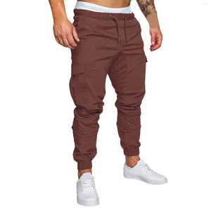 Calça masculina 2024 Casual Casual Cintura Algodão Multi -Pocket Solid Color Cargo JOGGING FACTINE TRUSTERS PANTES DE SOL