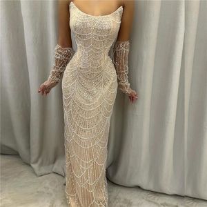 New Dubai Arabic Sexy Champagne Evening Dresses Strapless Mermaid Long Party Ocn Gowns With Full Pearls Beadings Vestidos BC