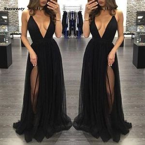 Neue High Side Split Tulle Prom Kleider schwarze sexy tiefe v Hals Lange Frauen Röcke formelle Partyabendkleider Vestidos de Baile 238s