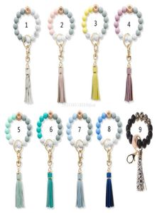Link Chain Natural Wood Eye Charm Bracelet Keychain Wristlet Leather Tassel Food Grade Silicone Bead Key Ring For Women Dropship7339027