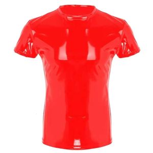 S-7XL Plus Size Mens Shiny PVC Crewnecks T-Shirts Wetlook Latex Short Sleeve Shirt Male Glossy Leather Casual Vest Sexi Catsuit Costumes