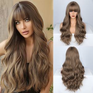 28 Zoll Brown Qi Pons Long Perücken Heißer Verkauf Brown Braun Big Wave Hair Griosale Europa Amerika Fashion Style Permed gefärbte Rosennetz Curly Perücke