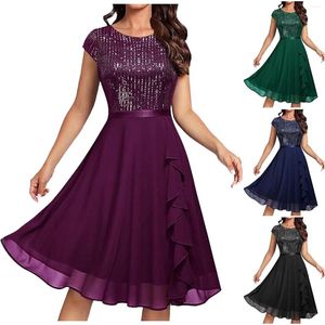 Casual Dresses Evening Party Dress Women Shiny Sequined Splicing Short Sleeve A Line Wedding Cocktail Ruffled Irregular Mesh Formal
