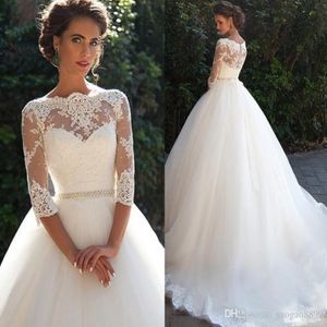 Vintage Lace A-Line wedding dresses sheer High Neck with half Long Sleeves Pearls sash Princess custom made Cheap Bridal Dresses Plus S 267R