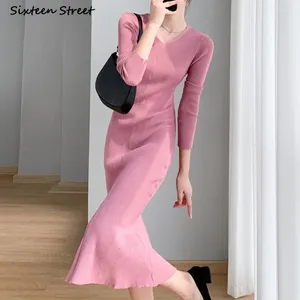 Vestidos casuais vestido de lã rosa chique feminino 2024 inverno v pesco