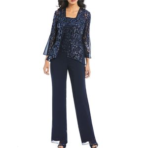 Navy Blue Three Pitces Mother of the Bride Pant Suits Spaghetti Strap Sequed and Shiffon Wedding Guest Goys Plus Size Party Virt 217T