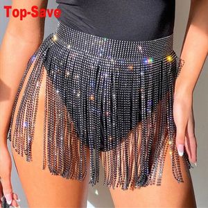 Summer Glitter Festival Sexig Rhinestone Tassel kjol Handgjorda kvinnor Hög midja nattklubbfest Mini kjolar för Lady Belt 240506