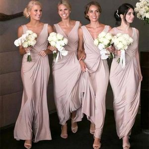 Элегантные пыльные розовые платья подружки невесты длинные v шея на пол шифоновой драпированный рукавиц.