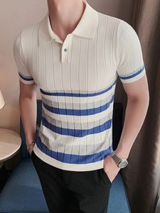 Mens Short-Sleeved Knitwear Sweater Striped Contrast Polo Neck Summer Comfortable Breathable T-Shirt Fashion Casual Collar 240511