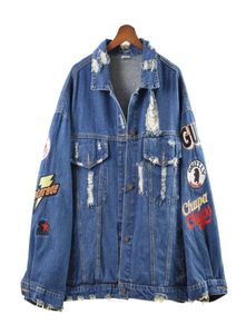 Vielleicht u Women Short Cropped Denim Blue Oversize Punk Jacket Button Rock and Roll Drehen Kragen Buchstaben Stickerei Loch C0070 Y5084869