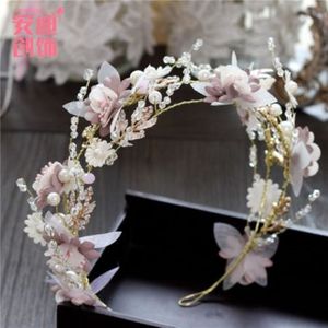 화려한 핑크 헤드 피스 크리스탈 꽃 웨딩 헤드 밴드 수제 진주 진주 신부 Tiara Lady Hairbands Bohemia Bride Hair Accesso 283b